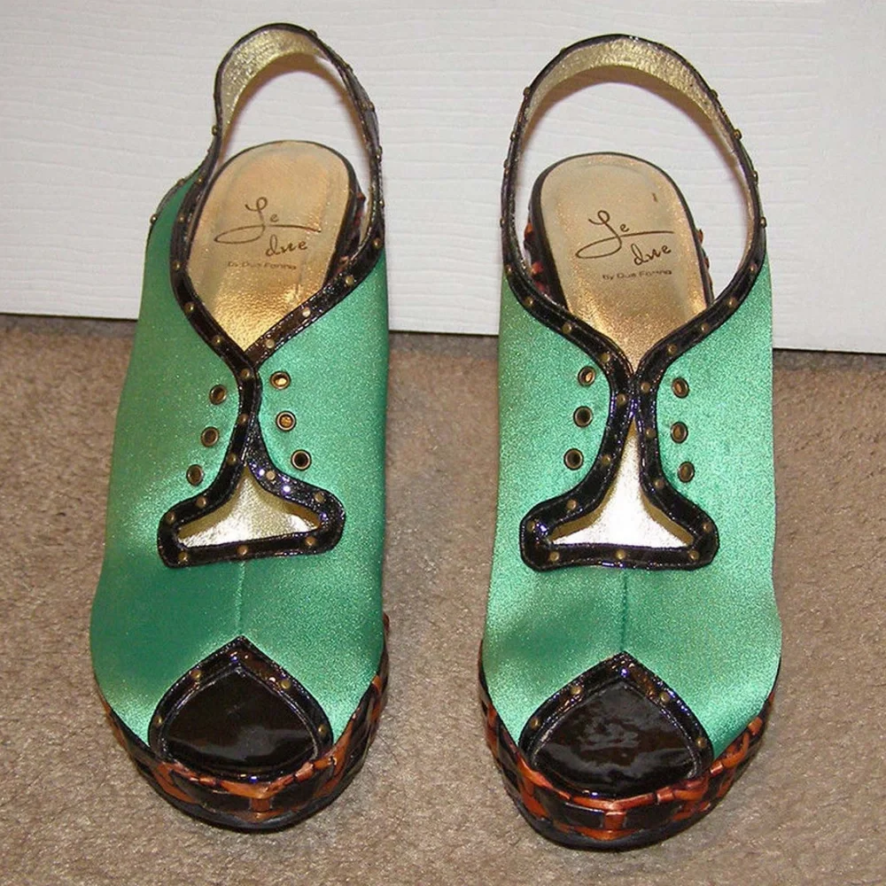 NEW Le Due by Due Farina Green Satin Laceup Wedge